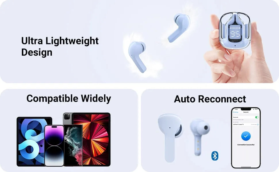 Wireless Crystal Earbuds LED Display